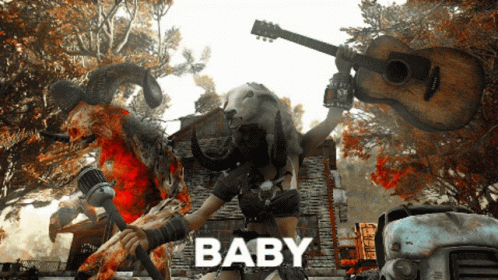 A Video Game Character Holding A Guitar And A Microphone With The Word Baby On The Bottom Right GIF