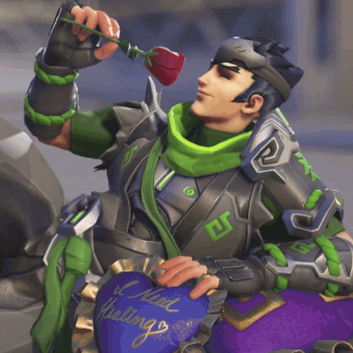 A Video Game Character Holding A Rose And A Heart That Says I Need Healing GIF