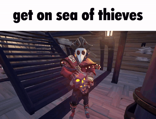 A Video Game Character Holding A Skull With The Words Get On Sea Of Thieves Above Him GIF