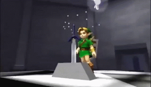 A Video Game Character Holding A Sword In A Dark Room GIF