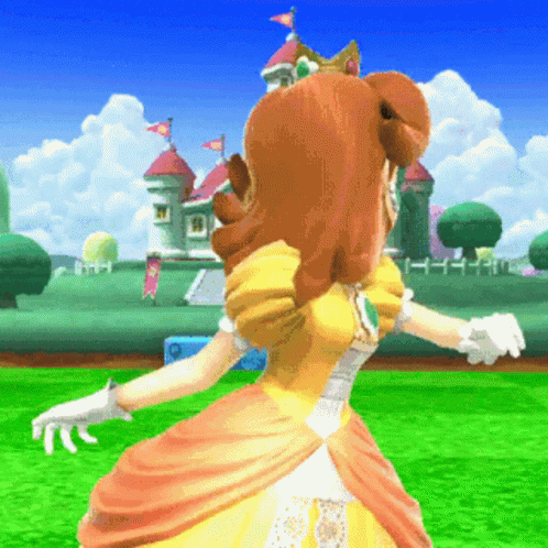A Video Game Character In A Yellow Dress Is Standing In Front Of A Castle GIF