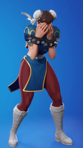 A Video Game Character Is Covering Her Face With Her Hands In Front Of A Blue Backdrop GIF