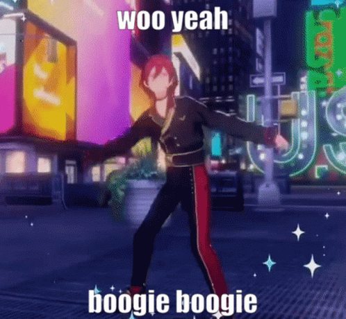 A Video Game Character Is Dancing On A City Street With The Words Woo Yeah Boogie Boogie On The Bottom . GIF