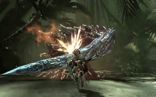 A Video Game Character Is Fighting A Monster With A Huge Sword GIF