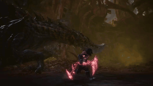 a video game character is fighting a monster with glowing red lights