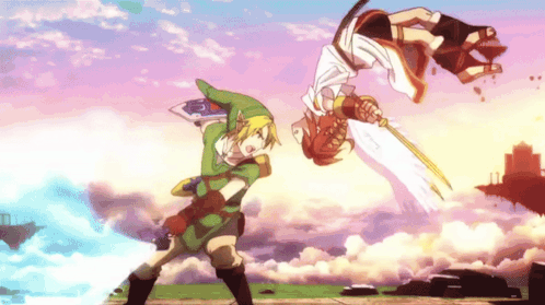 A Video Game Character Is Flying Through The Air While Another Character Holds A Sword GIF