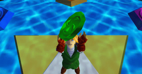 a video game character is holding a green object in his hand