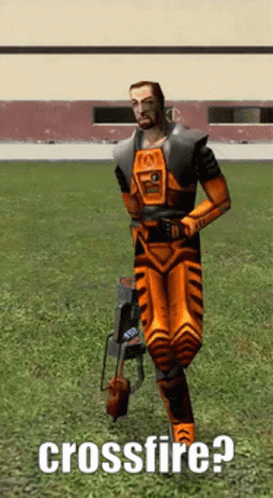 A Video Game Character Is Holding A Gun And Has The Word Crossfire Written Below Him GIF