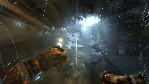 A Video Game Character Is Holding A Gun Behind A Broken Glass GIF