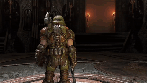 A Video Game Character Is Holding A Gun In A Room With A Sign That Says Mkliveandfire GIF