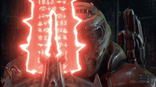 A Video Game Character Is Holding A Gun With A Red Light Coming Out Of It GIF