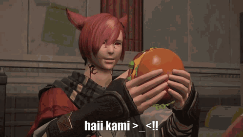 A Video Game Character Is Holding A Hamburger And Says Haii Kami > < !! GIF