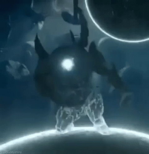 A Video Game Character Is Holding A Hammer In His Hand While Standing On A Planet . GIF