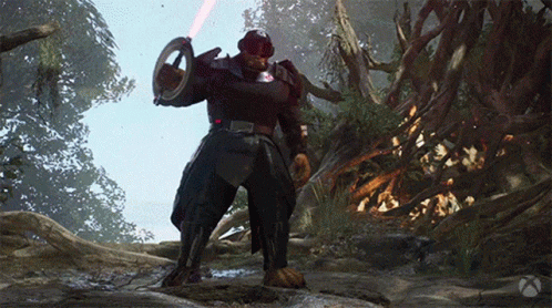 A Video Game Character Is Holding A Lightsaber In A Forest GIF