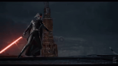 A Video Game Character Is Holding A Lightsaber In His Hand GIF