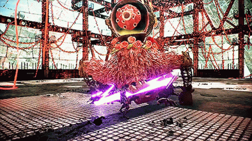 A Video Game Character Is Holding A Purple Sword In A Room GIF