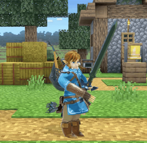 A Video Game Character Is Holding A Sword And A Bow GIF