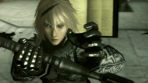 A Video Game Character Is Holding A Sword And Looking At The Camera GIF