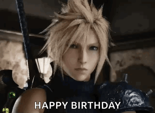 A Video Game Character Is Holding A Sword And Says `` Happy Birthday '' . GIF