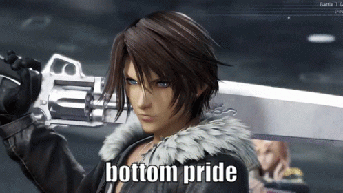 A Video Game Character Is Holding A Sword And The Words " Bottom Pride " Are Above Him GIF