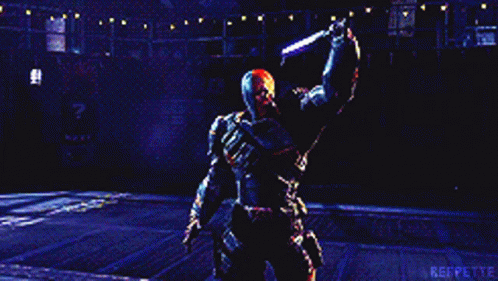 A Video Game Character Is Holding A Sword In A Dark Room And The Word Reppette Is On The Bottom GIF