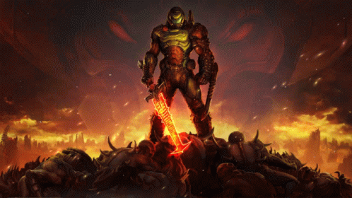A Video Game Character Is Holding A Sword In Front Of A Demon Head GIF