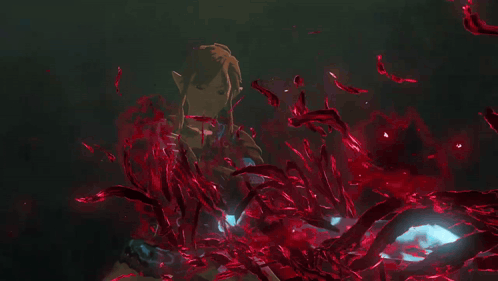 A Video Game Character Is Holding A Sword That Is Glowing Blue And Red GIF