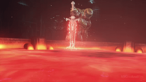 A Video Game Character Is Holding A Sword That Is Glowing GIF