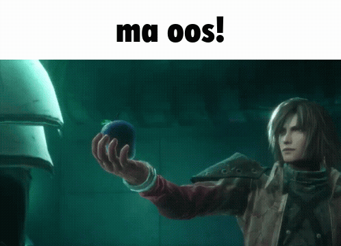 A Video Game Character Is Holding Something In His Hand With The Words Ma Oos Written On The Bottom GIF