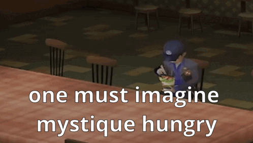 A Video Game Character Is Sitting At A Table With The Words One Must Imagine Mystique Hungry Below Him GIF