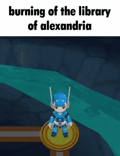 A Video Game Character Is Sitting On A Gold Trophy And Says Burning Of The Library Of Alexandria GIF