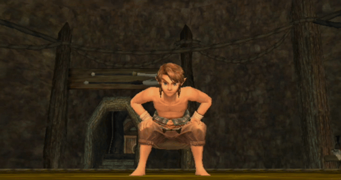 A Video Game Character Is Squatting Down In A Cave GIF