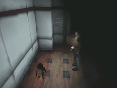 A Video Game Character Is Standing In A Dark Hallway GIF