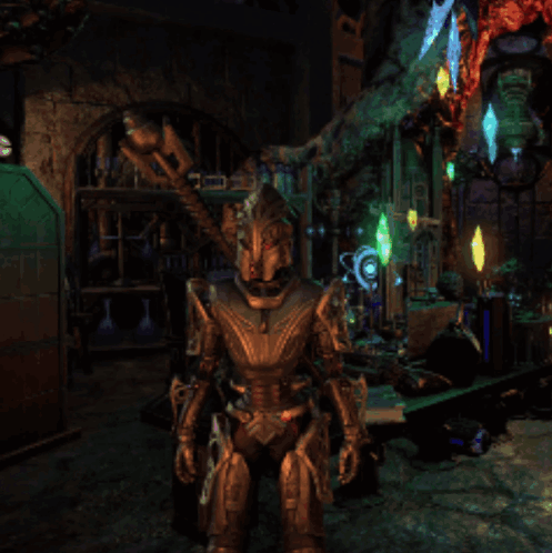 A Video Game Character Is Standing In A Dark Room With Red Lights GIF