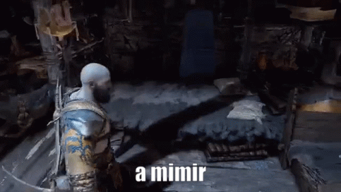 A Video Game Character Is Standing In A Dark Room With The Words `` A Mimir '' Written In The Corner . GIF