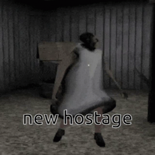 A Video Game Character Is Standing In A Dark Room With The Words New Hostage Below Him GIF