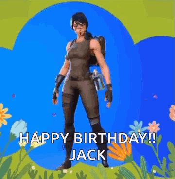 A Video Game Character Is Standing In A Field Of Flowers And Holding A Gun . GIF