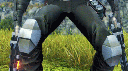 a video game character is standing in a field with a gun