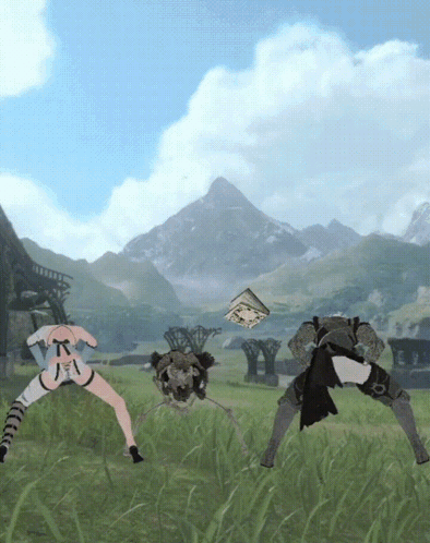 A Video Game Character Is Standing In A Field With A Mountain In The Background GIF