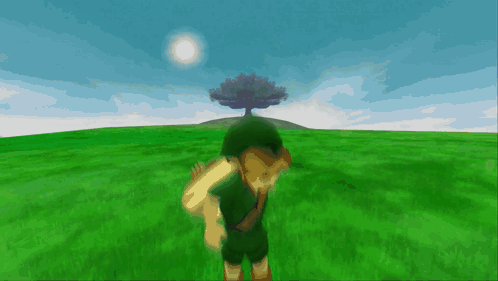 A Video Game Character Is Standing In A Grassy Field With A Tree In The Background GIF