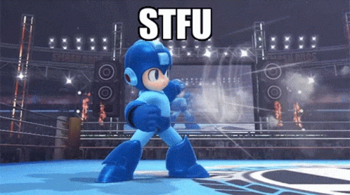A Video Game Character Is Standing In A Ring With The Words Stfu Above Him GIF