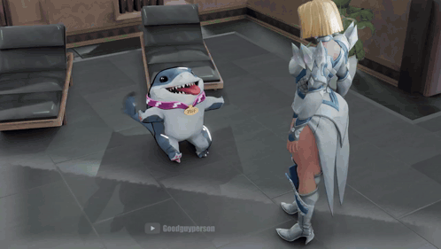 A Video Game Character Is Standing In A Room With A Play Button On The Bottom GIF