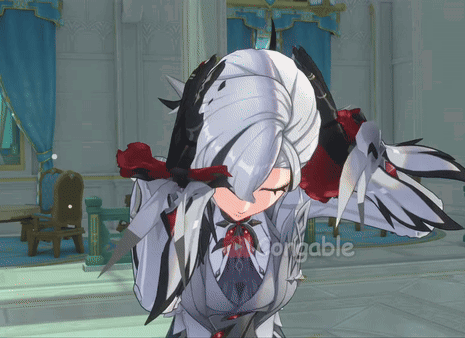 A Video Game Character Is Standing In A Room With The Word Adorable On The Bottom Right GIF