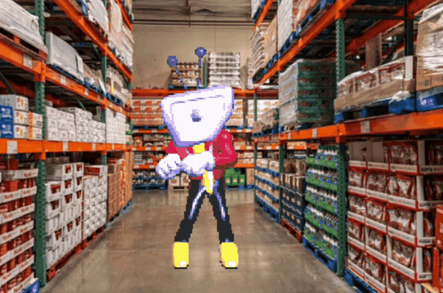 A Video Game Character Is Standing In A Warehouse Surrounded By Shelves And Boxes With The Word Costco On Them GIF