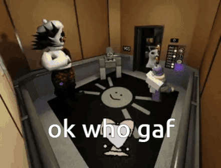 A Video Game Character Is Standing In An Elevator With The Words Ok Who Gaf On The Floor . GIF