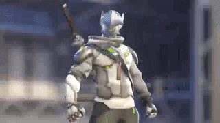 A Video Game Character Is Standing In Front Of A Building Holding A Gun . GIF