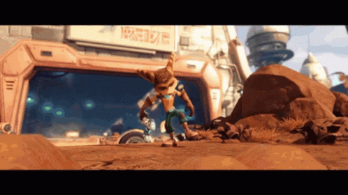 A Video Game Character Is Standing In Front Of A Building With The Word Rave Written On It GIF