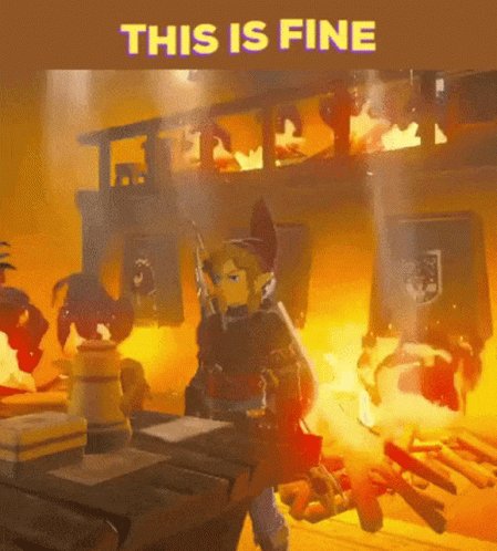 A Video Game Character Is Standing In Front Of A Burning Building With The Words " This Is Fine " Written Above Him GIF