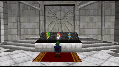 a video game character is standing in front of a display of various items