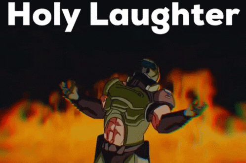 A Video Game Character Is Standing In Front Of A Fire And The Words Holy Laughter Above Him GIF
